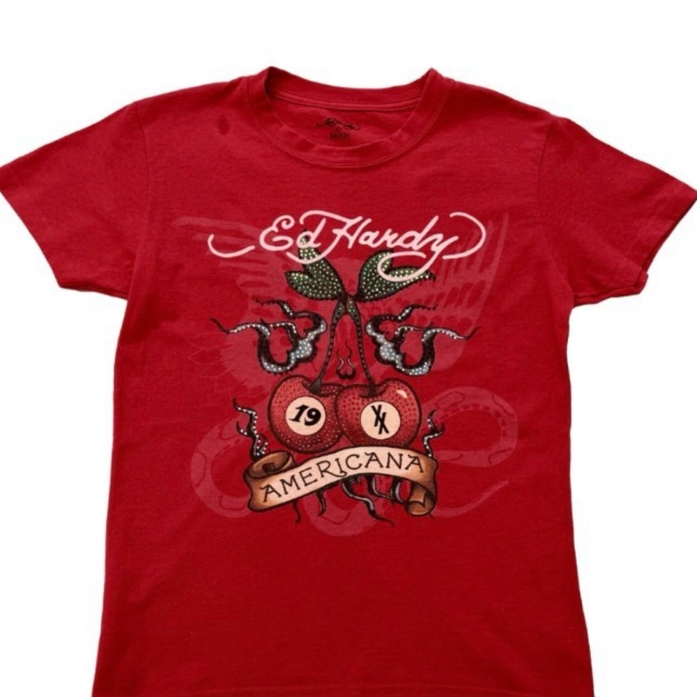 MGK ED Hardy Red Cherries Rhinestone Lost in America Tee Shirt Machine Gun Kelly